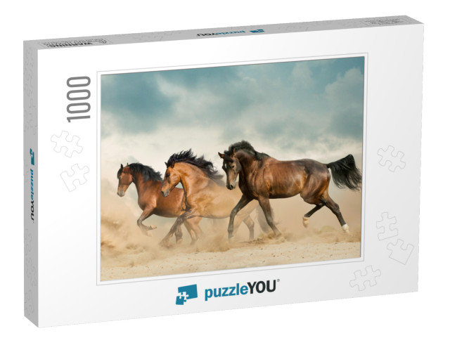 Beautiful Bay Horses Running in Desert on Freedom... Jigsaw Puzzle with 1000 pieces