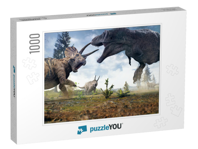 3D Rendering of Tyrannosaurus Rex Facing Off Against a Tr... Jigsaw Puzzle with 1000 pieces