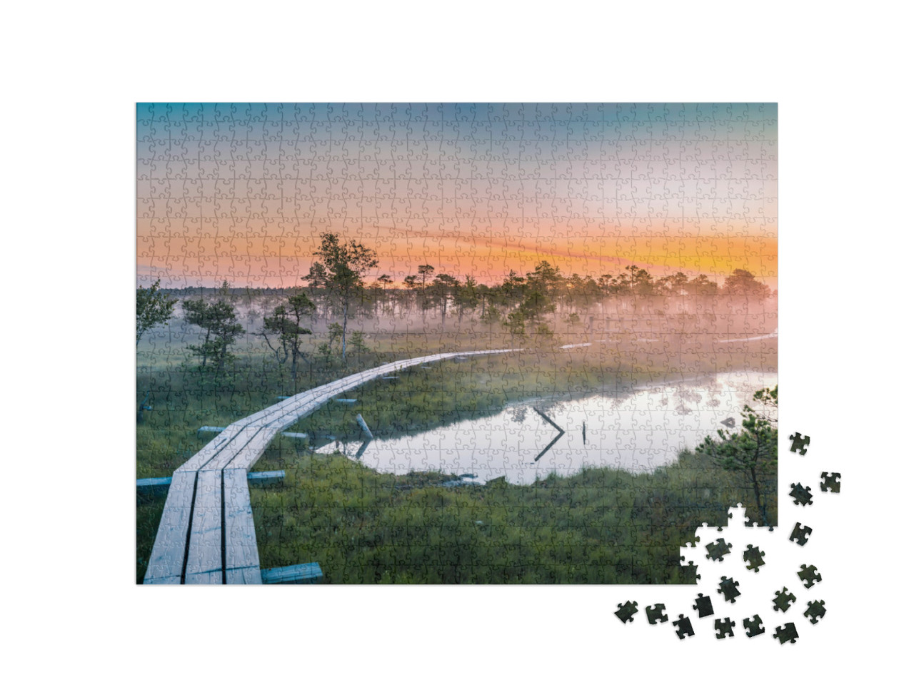 Warmly Colored Sunrise Over a Foggy Swamp. Aerial View of... Jigsaw Puzzle with 1000 pieces