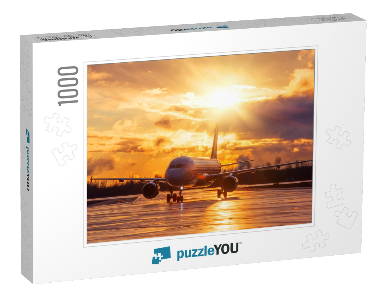 Airplane on Airport Runway Under Sunset View Dramatic Sky... Jigsaw Puzzle with 1000 pieces