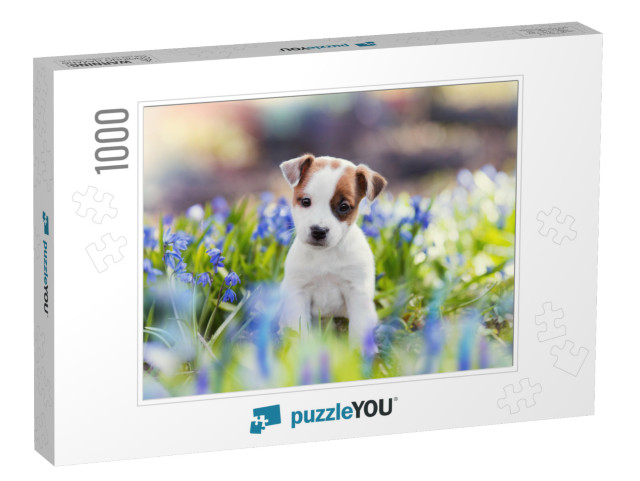 White Jack Russell Terrier Puppy Sitting Among Blue Flowe... Jigsaw Puzzle with 1000 pieces