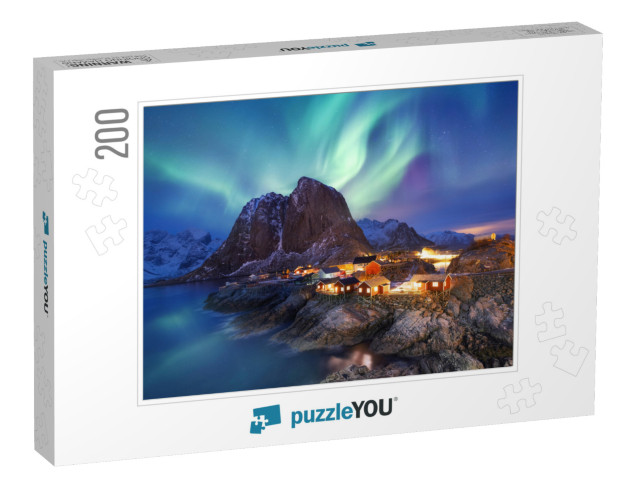 Aurora Borealis on the Lofoten Islands, Norway. Green Nor... Jigsaw Puzzle with 200 pieces