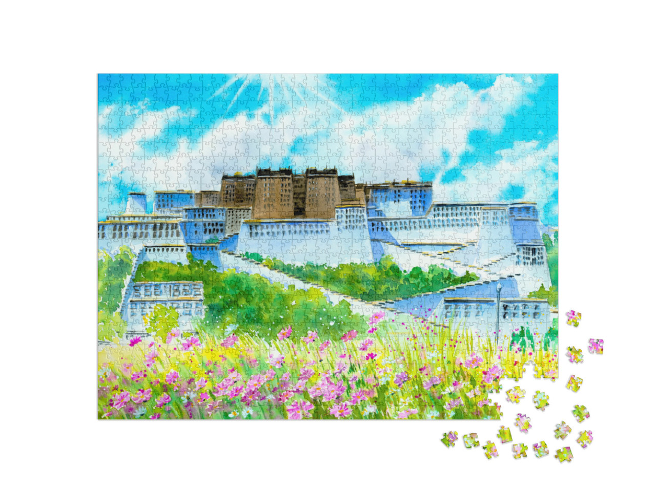 Watercolor Painting - Potala Palace, China... Jigsaw Puzzle with 1000 pieces