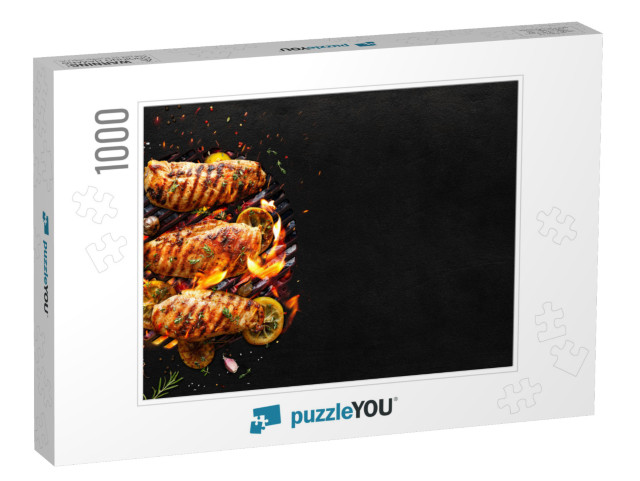 Grilled chicken breasts on a grill plate on black Jigsaw Puzzle with 1000 pieces