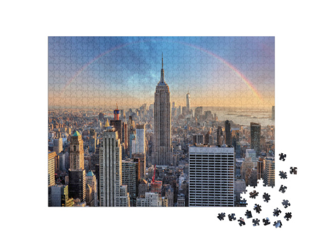 New York City Skyline with Urban Skyscrapers & Rainbow... Jigsaw Puzzle with 1000 pieces