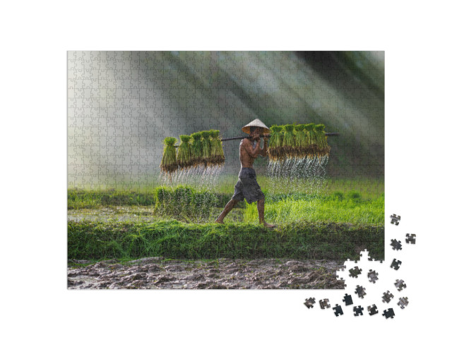 Vietnam Farmer Bearing Seedlings of Rice to Plant, Asian... Jigsaw Puzzle with 1000 pieces