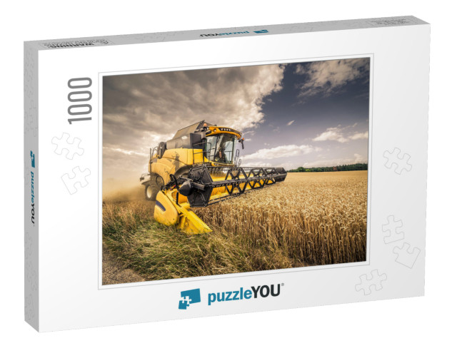 Modern Yellow Combine Harvesting Wheat in the Summer in C... Jigsaw Puzzle with 1000 pieces