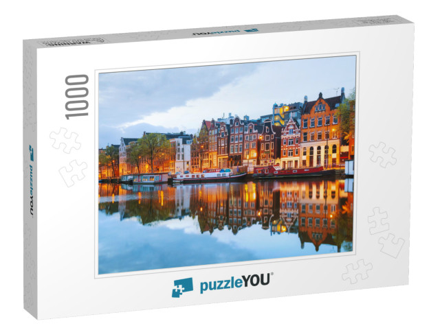 Night City View of Amsterdam, the Netherlands with Amstel... Jigsaw Puzzle with 1000 pieces