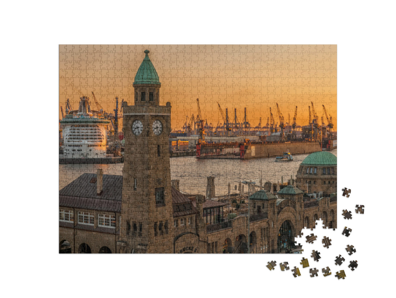 Sunset Over the Landungsbruecken & the Port in Hamburg... Jigsaw Puzzle with 1000 pieces