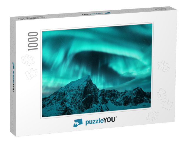 Aurora Borealis Above the Snow Covered Mountain Peak in L... Jigsaw Puzzle with 1000 pieces