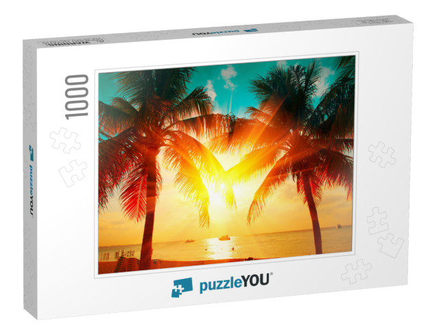 Sunset Beach with Palm Trees & Beautiful Sky Landscape. T... Jigsaw Puzzle with 1000 pieces