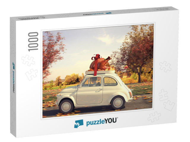 3D Rendering. Woman Driving with Big Turkey on Car Roof... Jigsaw Puzzle with 1000 pieces