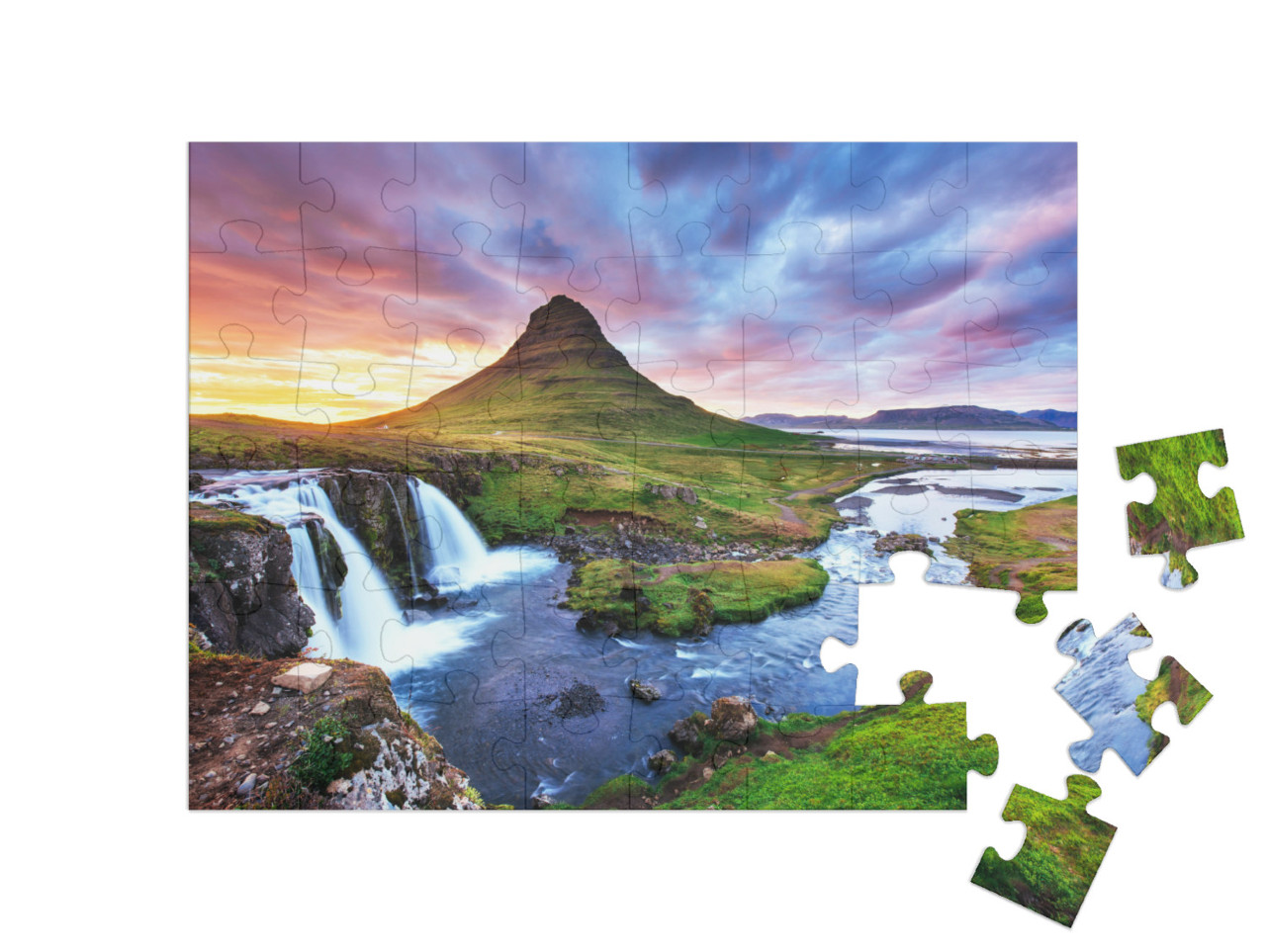 The Picturesque Sunset Over Landscapes & Waterfalls. Kirk... Jigsaw Puzzle with 48 pieces