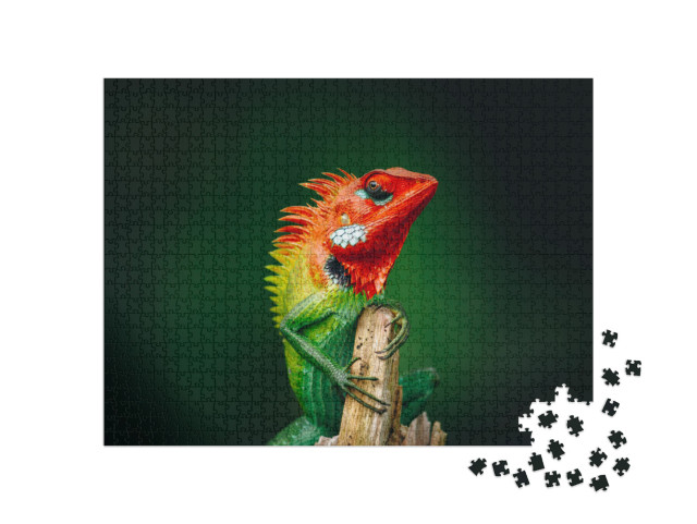 Common Green Forest Lizard Chilling in the Wooden Pole, I... Jigsaw Puzzle with 1000 pieces