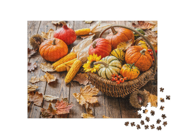 Autumn Still Life with Pumpkins, Corncobs & Leaves on Woo... Jigsaw Puzzle with 1000 pieces