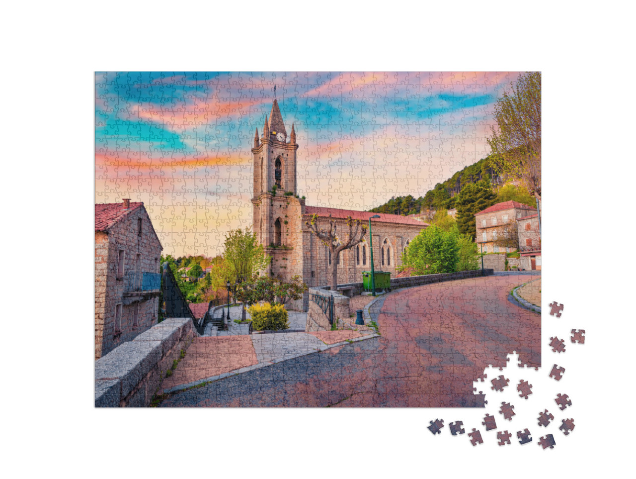 Amazing Evening Cityscape of Zonza Town with Eglise Paroi... Jigsaw Puzzle with 1000 pieces