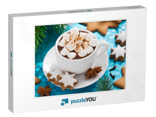 Hot Chocolate with Marshmallows on a Blue Background, Top... Jigsaw Puzzle