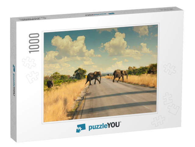 North Botswana Family of Elephants Crossing the Road, is... Jigsaw Puzzle with 1000 pieces