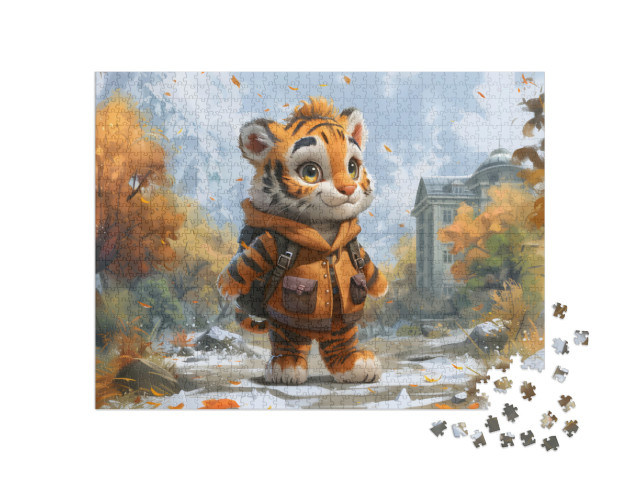 Little Tiger Ready for School while leaves fall Jigsaw Puzzle with 1000 pieces