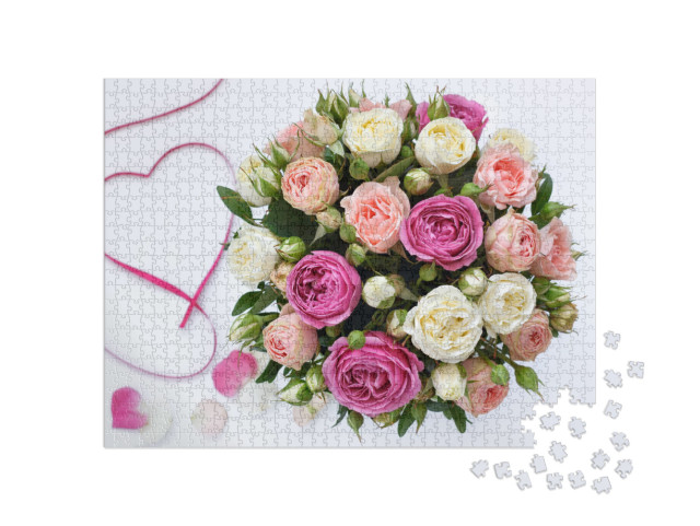 Bouquet of Roses on a White Background, Close-Up with a B... Jigsaw Puzzle with 1000 pieces