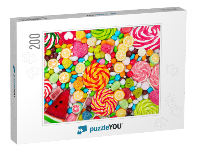 Colorful Lollipops & Different Colored Round Candy. Top V... Jigsaw Puzzle with 200 pieces