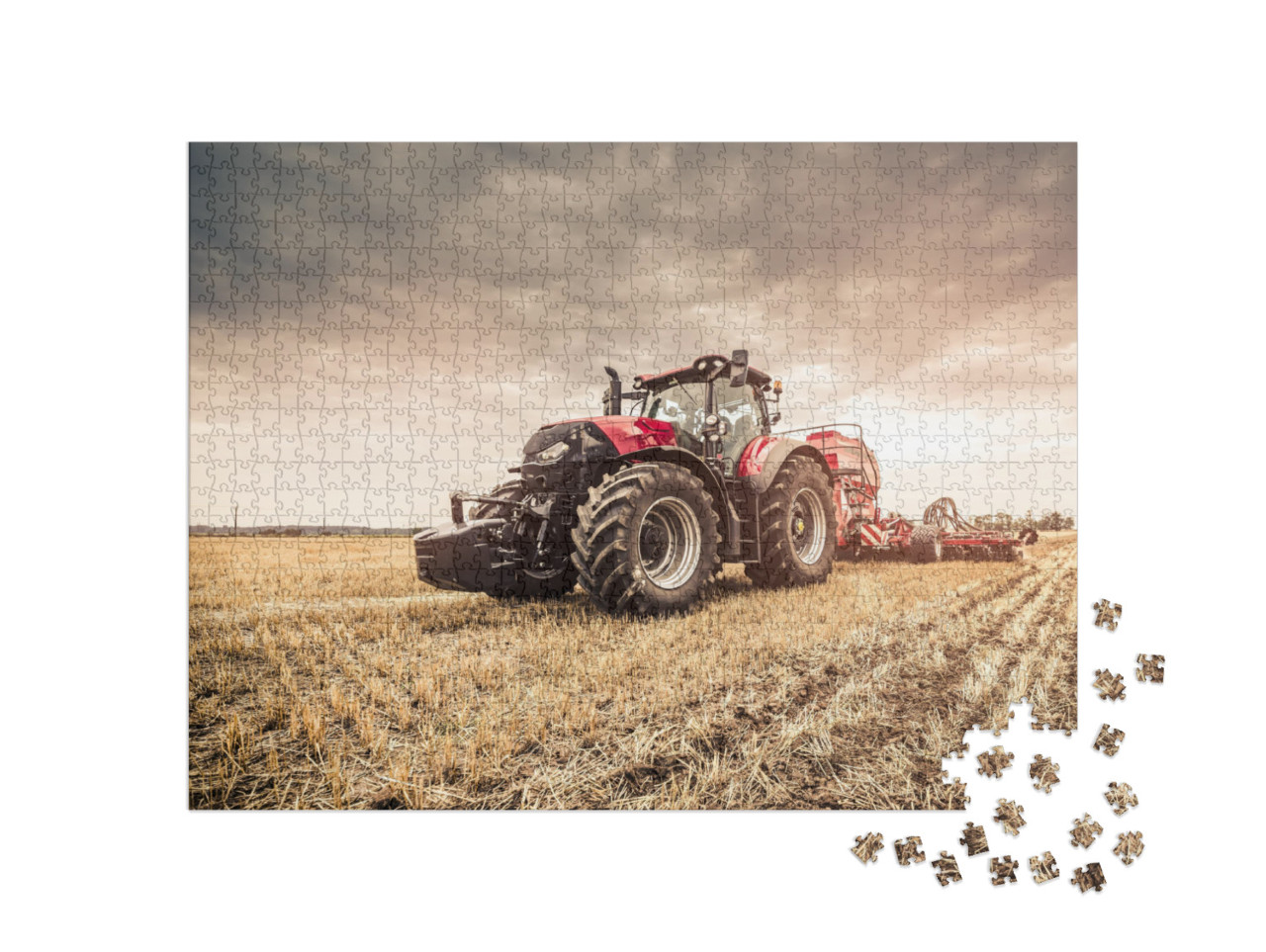 Modern Red Tractor Seeding Directly Into the Stubble with... Jigsaw Puzzle with 1000 pieces