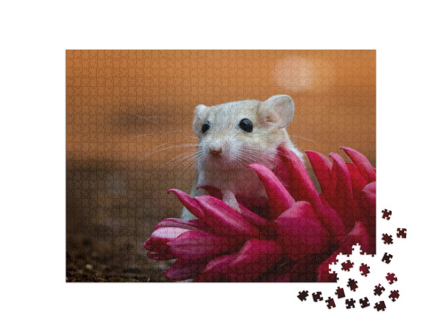 Cute Gerbil Mouse Closeup Face, Garbil Mouse on Red Flowe... Jigsaw Puzzle with 1000 pieces