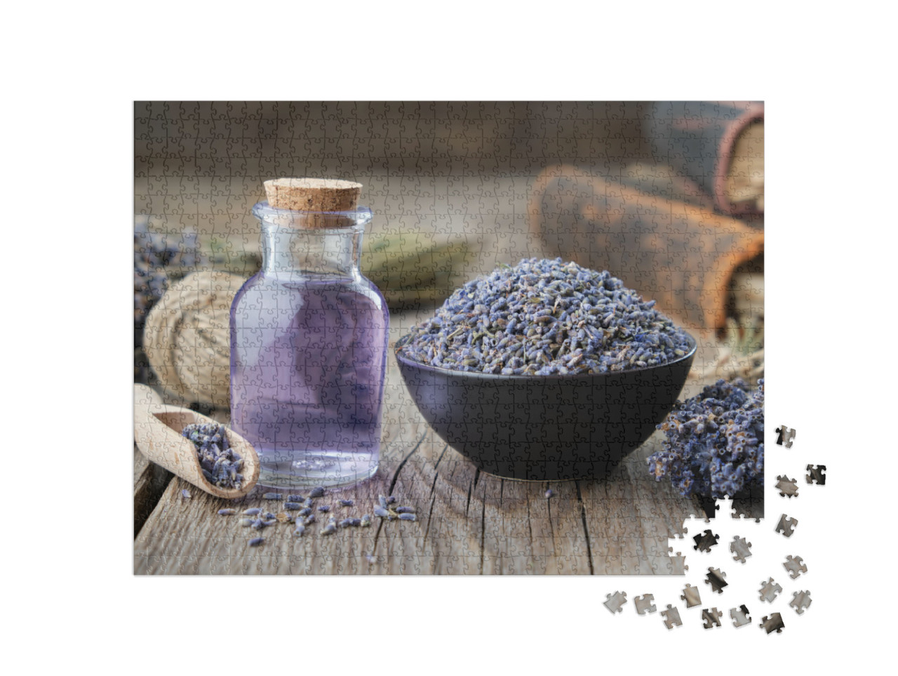 Dry Lavender Flowers in Bowl & Bottle of Essential Lavend... Jigsaw Puzzle with 1000 pieces