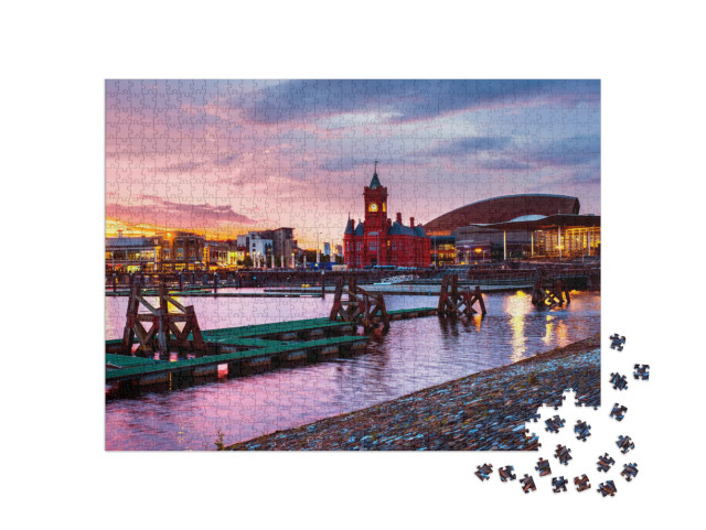 Cardiff, Uk. Waterfront At Night in Cardiff, Uk. Sunset C... Jigsaw Puzzle with 1000 pieces