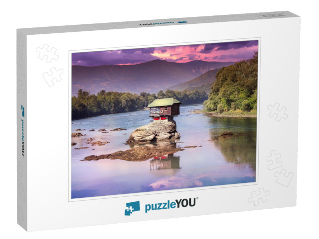 Drina House Dramatic Sunset & Reflection - Colorful Littl... Jigsaw Puzzle