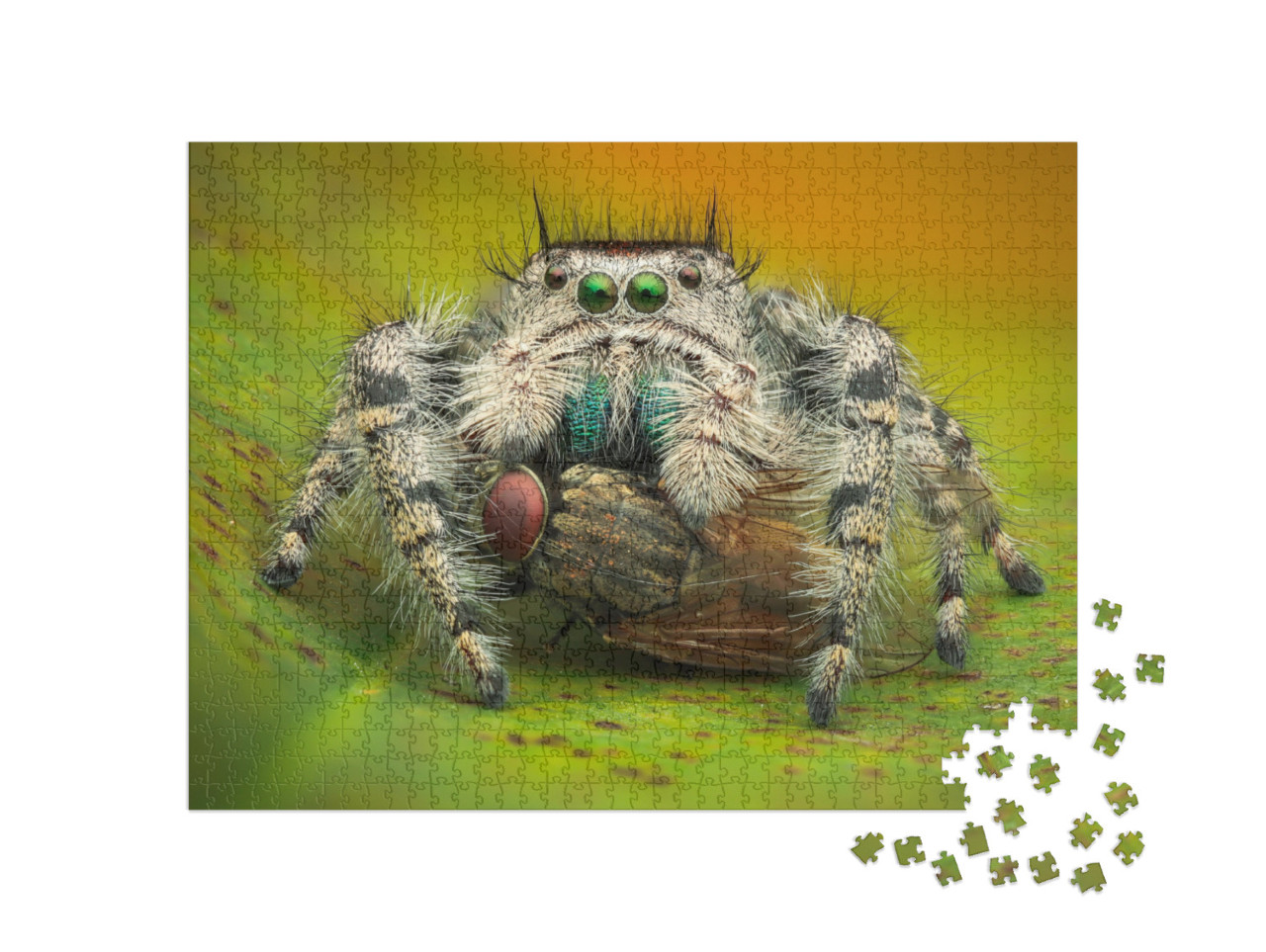 A Female Phidippus Adumbratus Eating a Housefly. Macro Cl... Jigsaw Puzzle with 1000 pieces