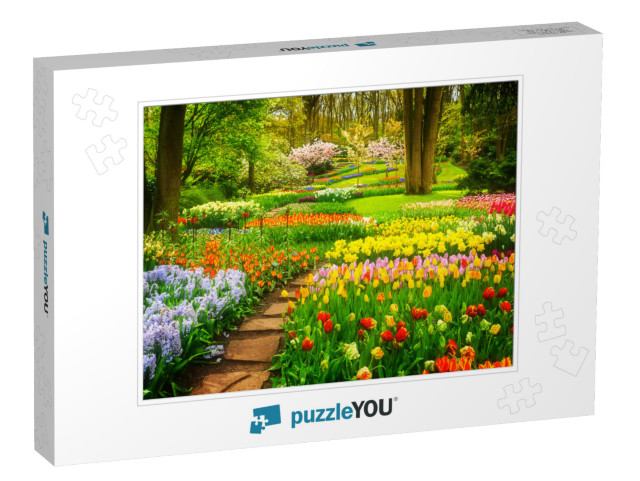 Colorful Tulips Flowerbeds & Stone Path in an Spring Form... Jigsaw Puzzle