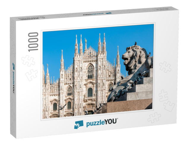 Milan Cathedral with Monument of Lion, Italy... Jigsaw Puzzle with 1000 pieces