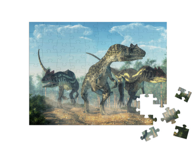 Three Allosauruses Kick Up Dust as They Hunt Along a Rock... Jigsaw Puzzle with 100 pieces