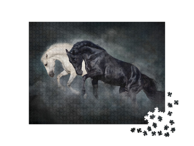 Two Stallion Run & Play Fun in Desert Dark Dust... Jigsaw Puzzle with 1000 pieces