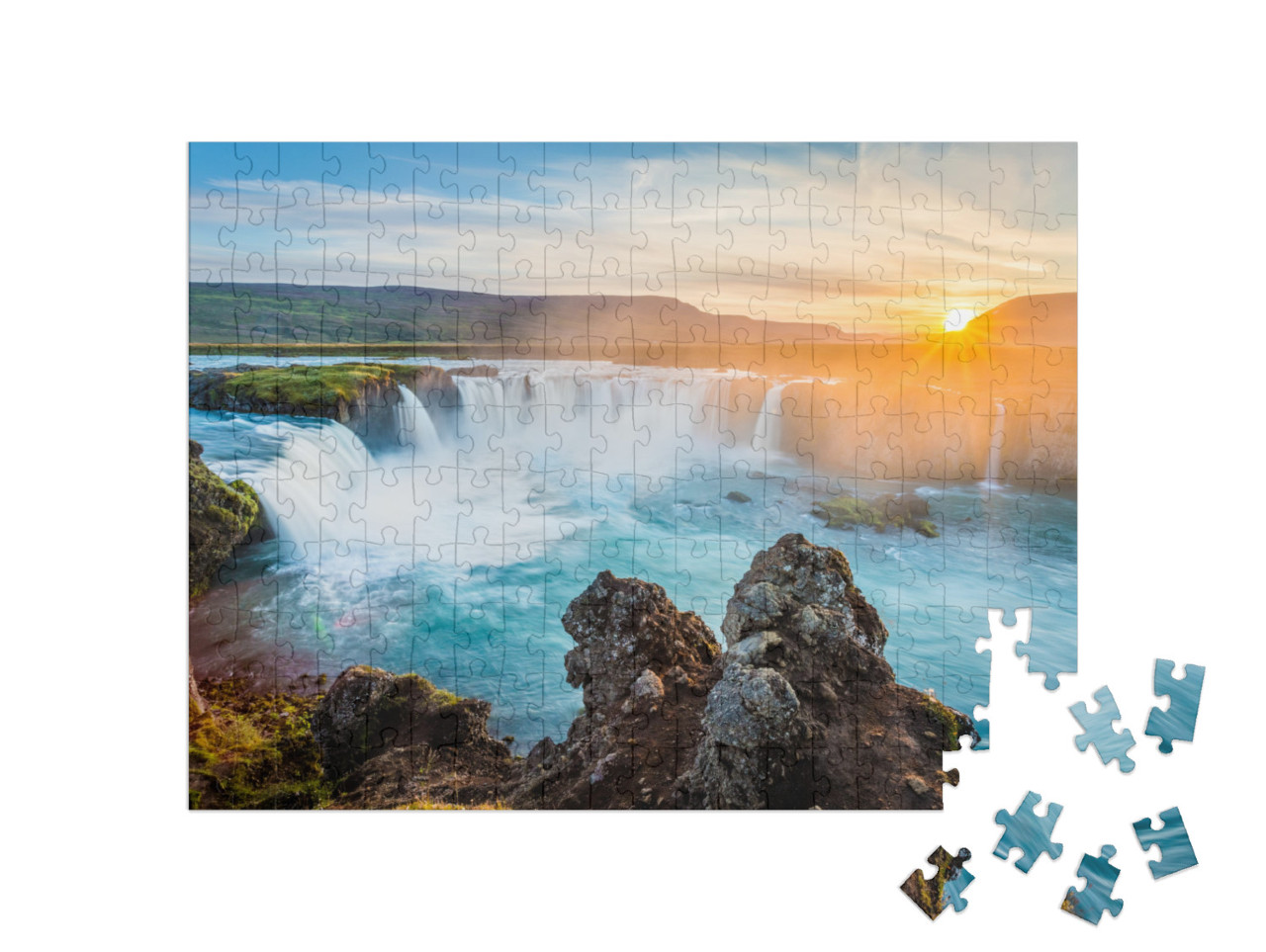 Godafoss Waterfall At Sunset, Iceland, Europe... Jigsaw Puzzle with 200 pieces