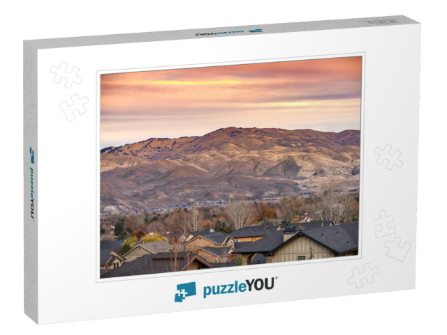 Rooftops of Boise Idaho with Rocky Mountains & Orange & R... Jigsaw Puzzle