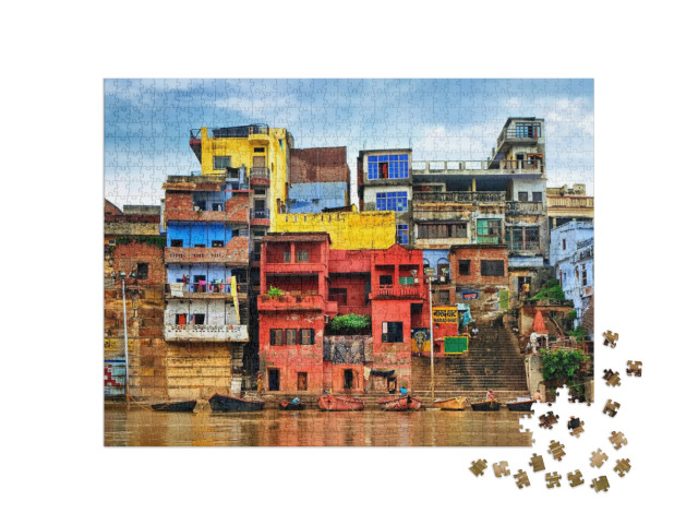 Chaotic Colorful Houses on the Banks of River Ganges, Var... Jigsaw Puzzle with 1000 pieces