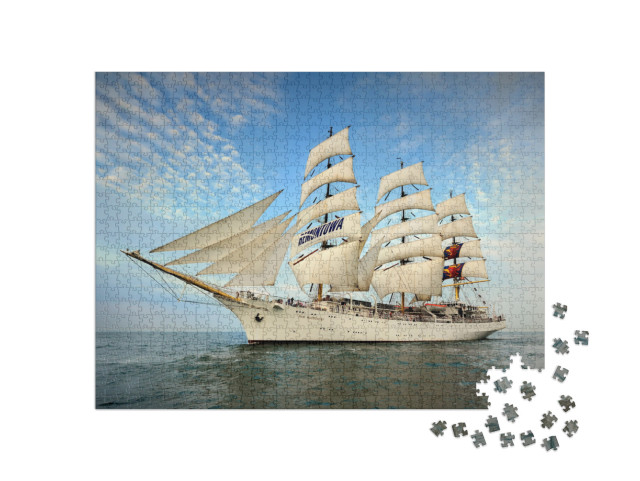 Tall Ship Under Sail with the Shore in the Background... Jigsaw Puzzle with 1000 pieces