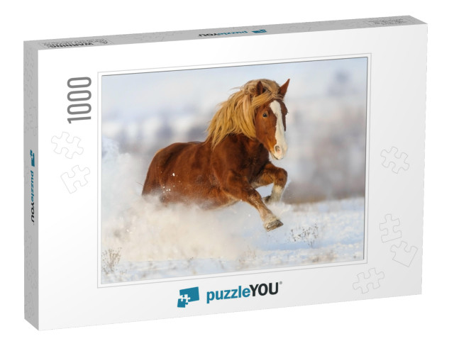 Red Horse with Long Blond Mane Run Gallop in Winter Snow... Jigsaw Puzzle with 1000 pieces