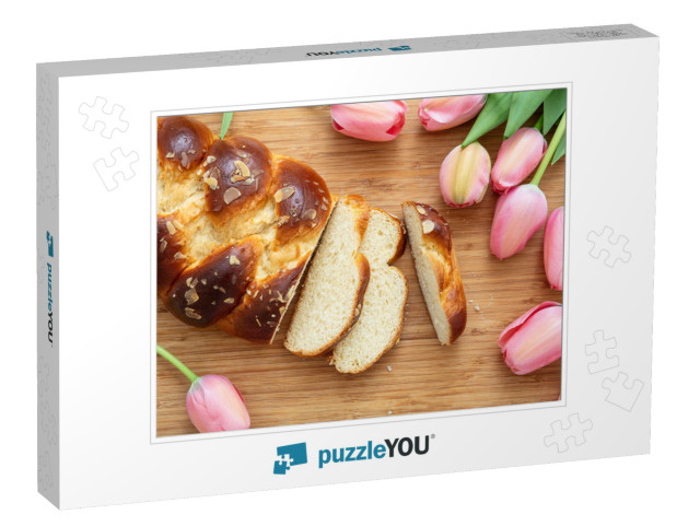 Easter Sweet Bread, Tsoureki Cozonac Sliced on Wood Table... Jigsaw Puzzle