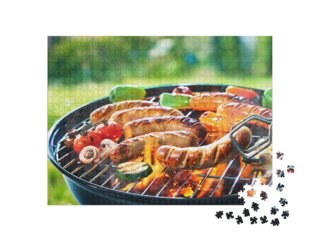 Grilled sausage on the picnic flaming grill Jigsaw Puzzle with 1000 pieces