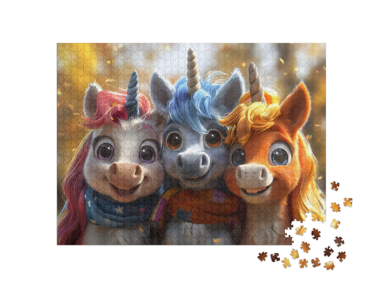 Smiling Rainbow Unicorn Friends Play in Glitter Jigsaw Puzzle with 1000 pieces