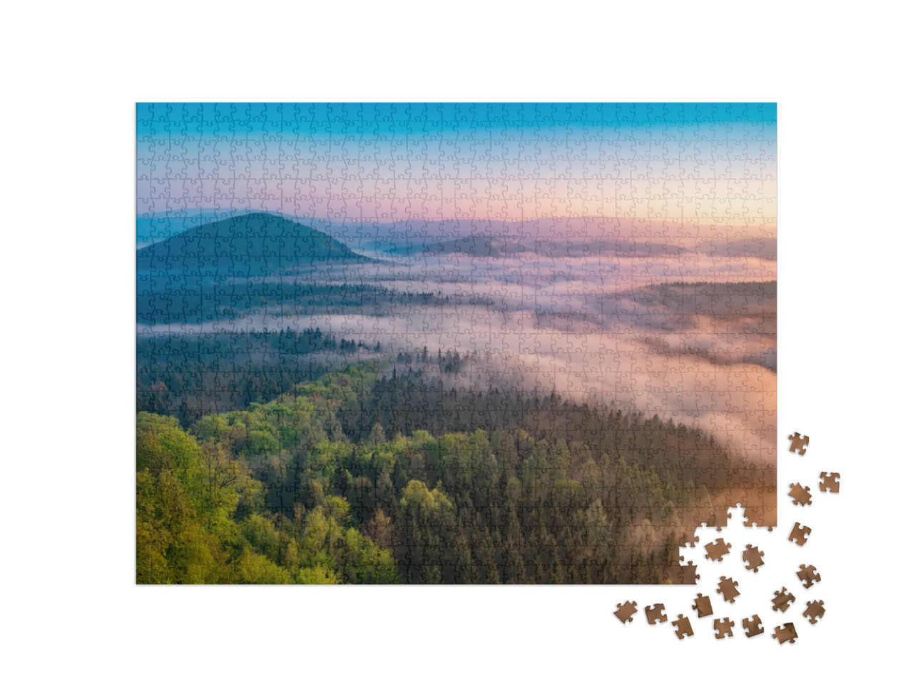 Lazy Misty Morning. Foggy Forest During Autumn Sunrise, S... Jigsaw Puzzle with 1000 pieces