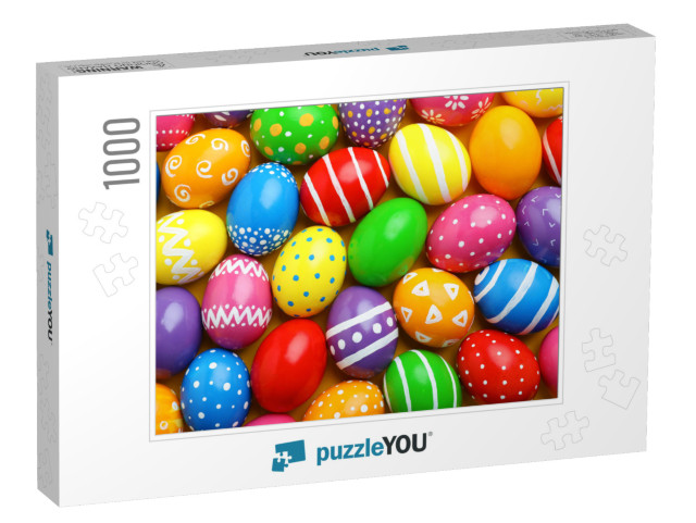 Many Decorated Easter Eggs as Background, Top View. Festi... Jigsaw Puzzle with 1000 pieces