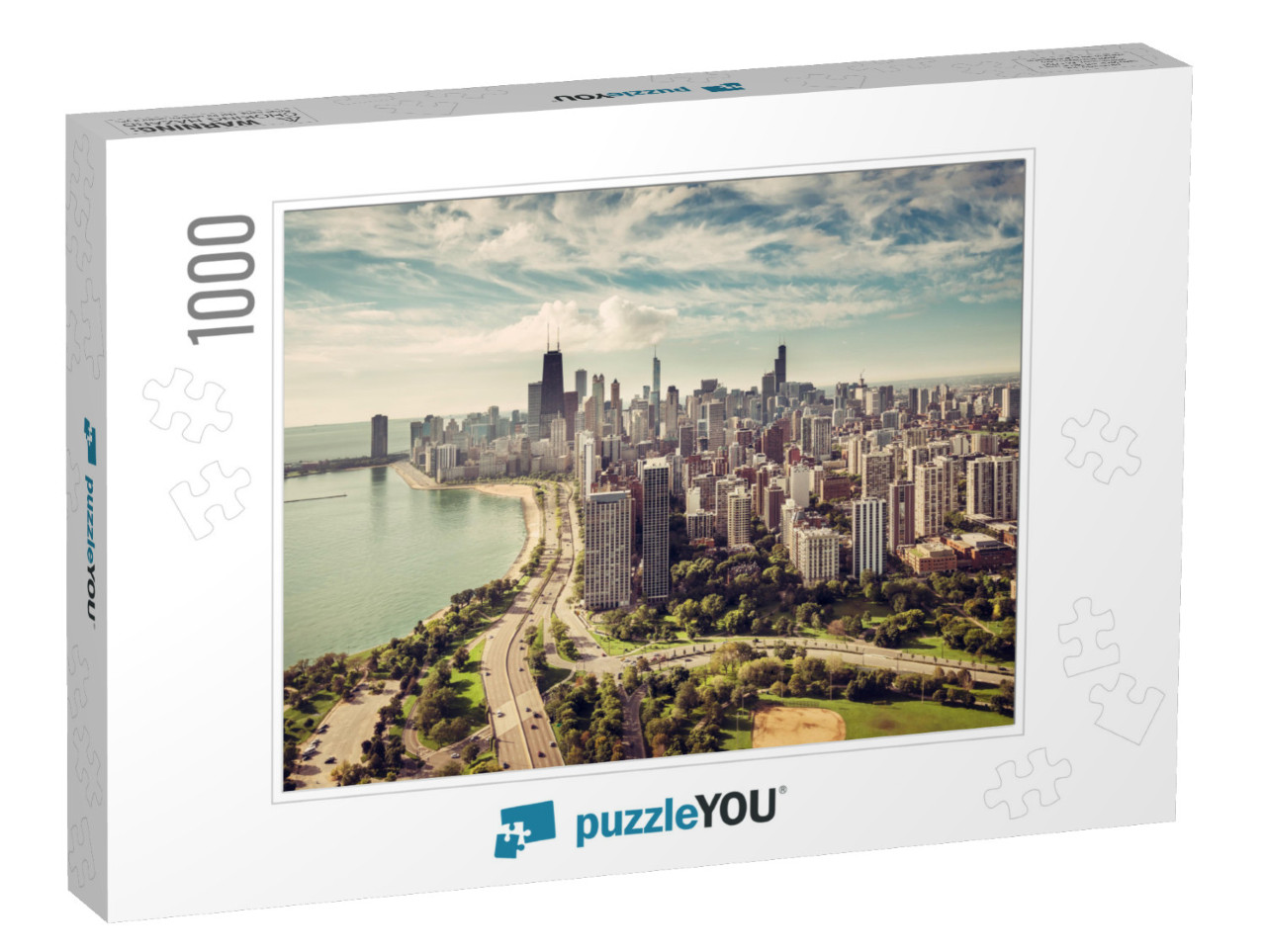 Chicago Skyline Aerial View with Road by the Beach, Vinta... Jigsaw Puzzle with 1000 pieces