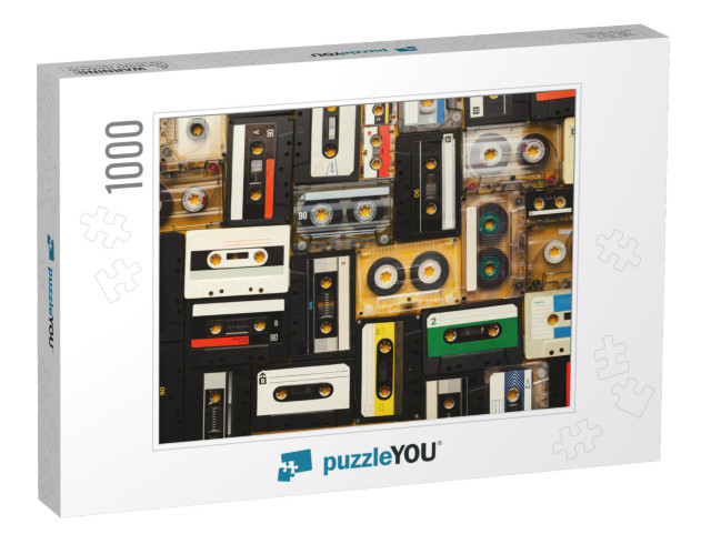 Retro Audio Cassette Tapes on Beige Background. Top View... Jigsaw Puzzle with 1000 pieces