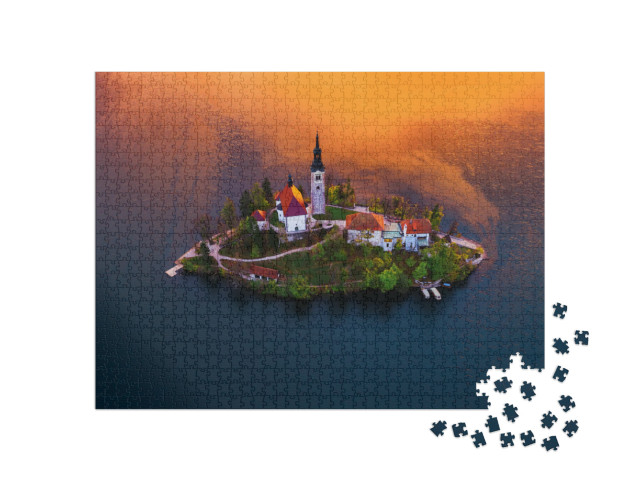 Aerial View of Church of Assumption in Lake Bled, Sloveni... Jigsaw Puzzle with 1000 pieces