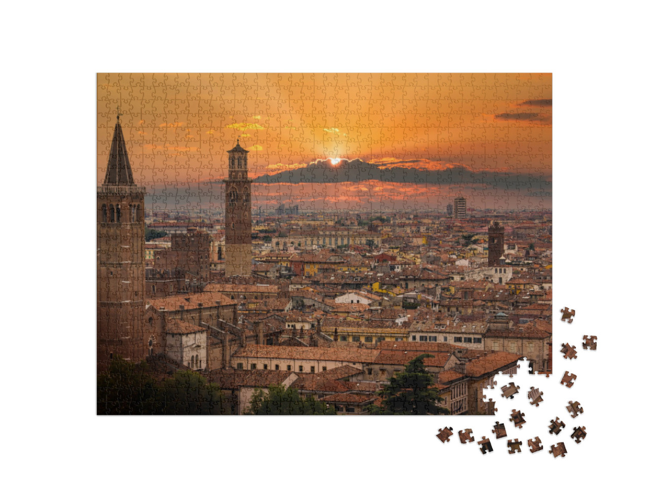 View of Verona. Orange Sunset & Beautiful Sun. Italy... Jigsaw Puzzle with 1000 pieces