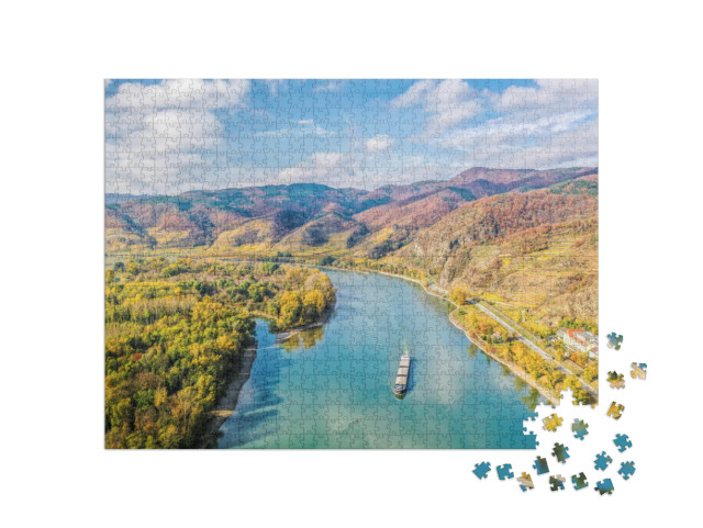 Panorama of Wachau Valley with Ship on Danube River Durin... Jigsaw Puzzle with 1000 pieces